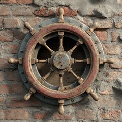 Ship Wheel Decoration on Brick Wall