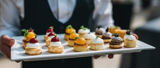 Obraz premium A waiter presents a tray with an assortment of beautifully decorated mini desserts at a formal event showcasing delectable culinary creations.