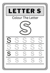 Writing practice of letters s. Coloring book. Education for children. Vector illustration