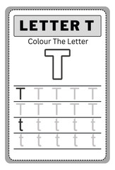 Writing practice of letters t. Coloring book. Education for children. Vector illustration