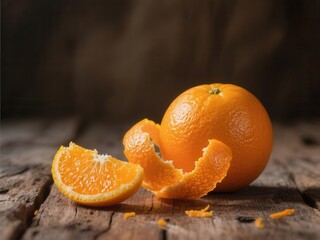 Vibrant orange peel, zest, and whole fruit on rustic wood background,  peel,  agriculture