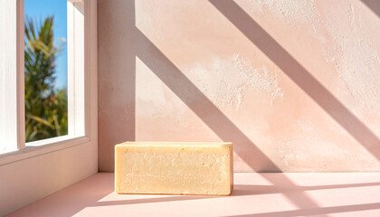 Soap Bar and Light Play: The scene portrays a simple soap bar elegantly displayed in a sunlit room, the focus is drawn to the clean lines and the shadows. 