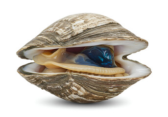 Delicate open clam showcasing its textured shell and the soft, vulnerable body within, a study in contrasts on a white background, culinary delight. © isolatedpng