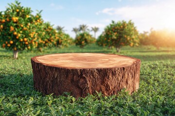 Wooden stump platform in an orchard
