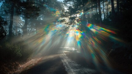 Colorful Sunlight Rays Through Misty Forest