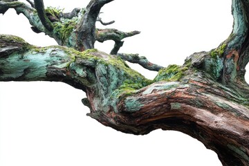 Twisted, moss-covered tree branch against white