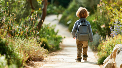 Young child walks along scenic path surrounded by greenery and flowers, carrying backpack. sunlight filters through trees, creating warm and inviting atmosphere