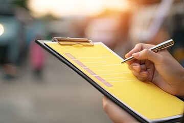 Hand holding clipboard with yellow checklist, outdoors