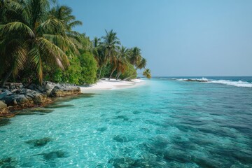 Tranquil tropical beach scene.  Clear turquoise water laps a pristine white sand beach fringed by lush green vegetation and towering palm trees.  A vibrant blue sky completes the idyllic image