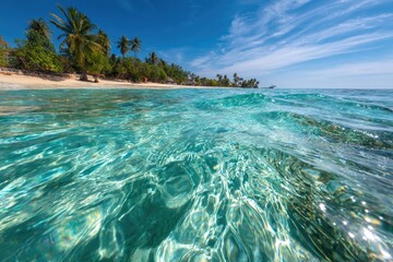 Tropical beach vista, crystal-clear turquoise water
