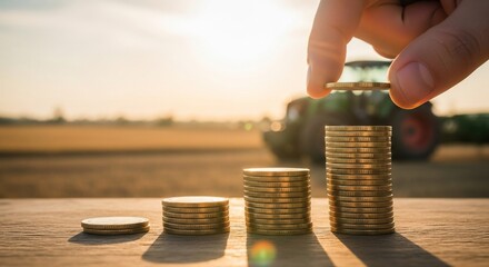 Agricultural Investment: Stacking Coins with Tractor in Background.