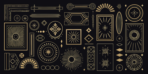 Collection of art deco style geometric ornaments and decorative elements in gold on black background