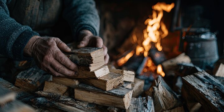 Close-up of aged hands arranging firewood near a crackling fire