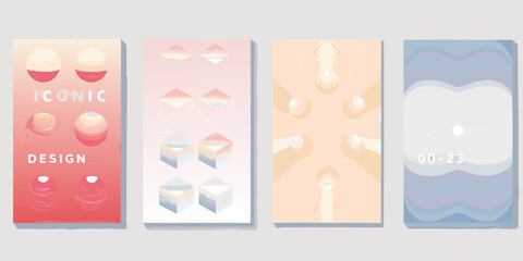 Collection of four abstract minimalist graphic design posters with geometric shapes and soft gradients