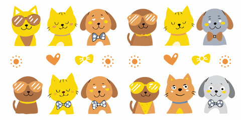 Fototapeta premium Cute cartoon cats and dogs wearing sunglasses and bow ties with hearts and suns