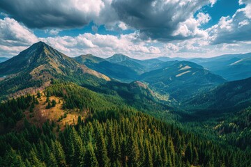 Panoramic mountain vista with lush forests