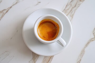 Empty espresso cup on saucer, light marble surface