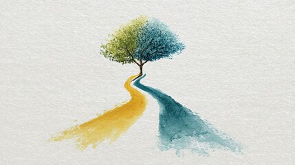 A vibrant artistic depiction of a tree at a fork in a road, with one path in yellow and the other in blue, symbolizing choices and possibilities.