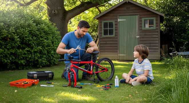 A father kneels on the grass, repairing his son's red bicycle with tools, while the boy sits and watches in a garden setting.