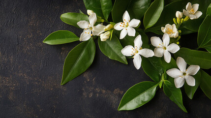 A flat lay composition of blooming white jasmine flowers and green leaves on gradient background, perfect for botanical themes, design projects, and decorative artwork.
