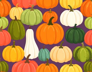 Colorful pumpkin pattern on a purple background (1)