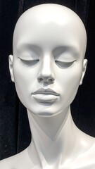 A mannequin with a serene expression, one eye closed and the other eye open, showcasing a unique blend of tranquility and curiosity in its gaze.