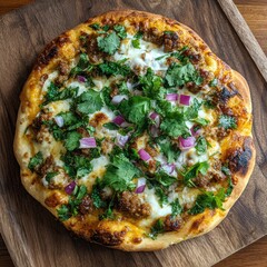 Freshly Topped Flatbread on Wooden Board Close Up