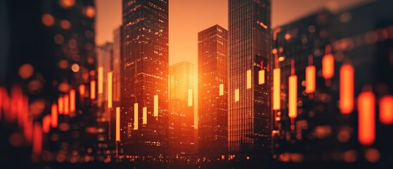 Candle stick charts overlay a modern city skyline suggesting financial markets and urban economic activity at sunset or sunrise hour.