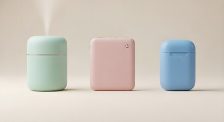 Minimalist composition of modern personal electronic gadgets in soft pastel colors, including a portable humidifier, power bank, and wireless earbud case