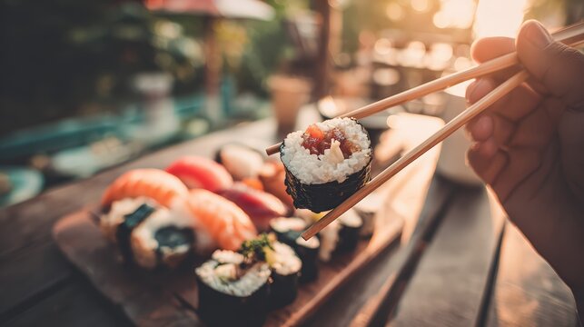 A person uses chopsticks to pick up a sushi roll from a wooden board alongside other assorted sushi in a bright outdoor setting with bokeh. - Powered by Adobe