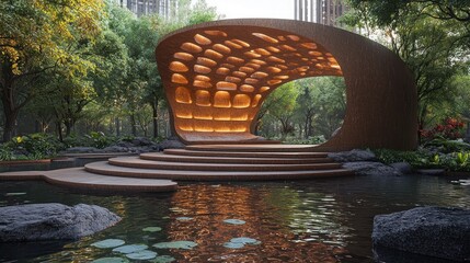 Modern illuminated pavilion in tranquil garden.