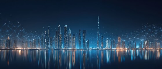 A futuristic city skyline reflects on the water, connected by a network of glowing dots against the dark night sky background.