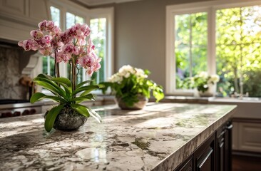 Pink orchids on granite kitchen counter, sunlight through large windows