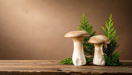 Two Mushrooms with Greenery on Wooden Surface