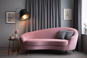Pink velvet sectional in a modern, gray room
