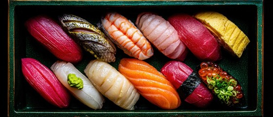Assorted nigiri sushi pieces are elegantly arranged in a dark green box, showcasing vibrant colors and various fresh seafood ingredients.
