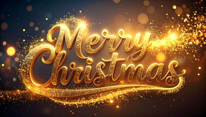 A festive, golden Christmas greeting, composed of sparkling, 3D lettering, set against a dark backdrop with bokeh highlights.