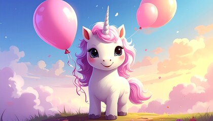 A whimsical, adorable unicorn with pink mane and tail stands amongst pastel clouds and pink balloons, radiating a cheerful and playful mood.