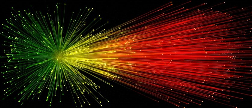 A burst of vibrant green, yellow, and red lines radiate from a central point, creating an abstract and dynamic light design effect.