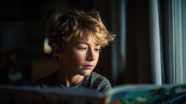 Young boy reading a book with focused expression in soft window light