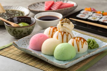 Enjoy delicious Japanese mochi ice cream with stunning colorful flavors on a modern plate ready to be eaten