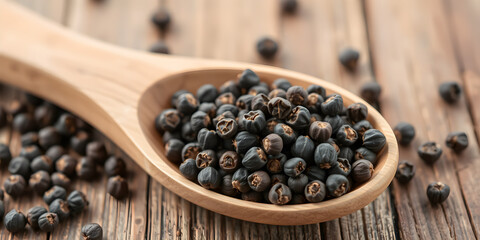 Whole black peppercorns fill a wooden spoon resting on a rustic wooden surface. These aromatic spice seeds are known for their hot flavor, making them essential for cooking and healthy diets.