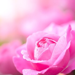 A delicate pink rose, its velvety petals glistening with fresh water droplets, captures the essence of beauty and freshness in a soft, natural light.