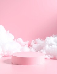 A charming pink round box sits prominently in the foreground, adorned with delicate white clouds softly drifting in a serene blue sky backdrop.