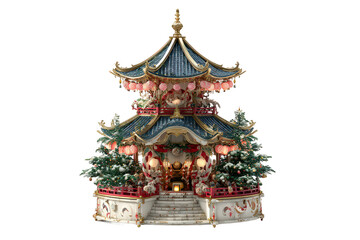 Fototapeta premium Small, ornate building with a blue roof and red accents