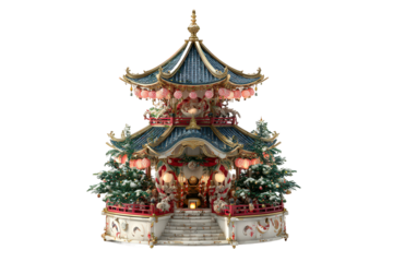 Small, ornate building with a blue roof and red accents