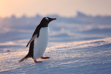 Gentoo penguin strolling across the icy terrain of Antarctica at sunrise