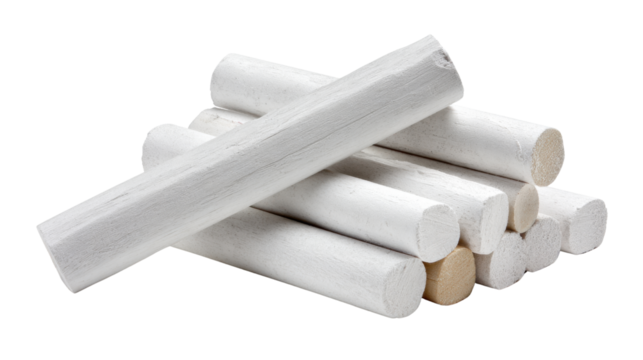 Pile of white chalk sticks for writing on blackboard on white background