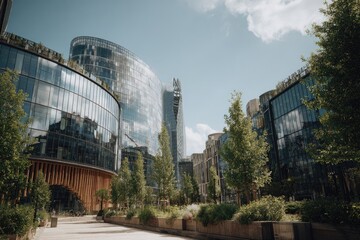 Modern city plaza with glass skyscrapers and greenery