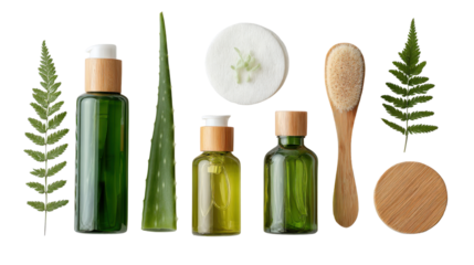 Natural spa products with green bottles and botanical elements